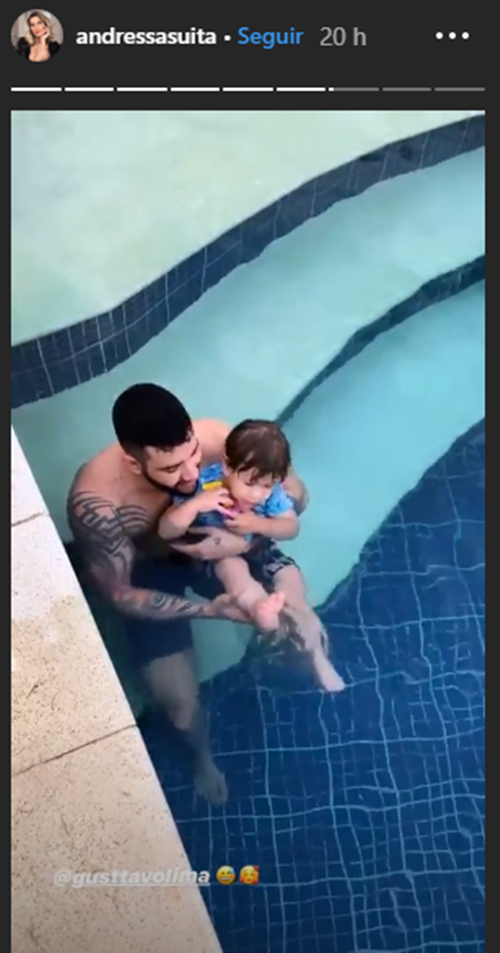 Andressa Suita flagra Gusttavo Lima brincando com filho na piscina: "De roupa e tudo"  
