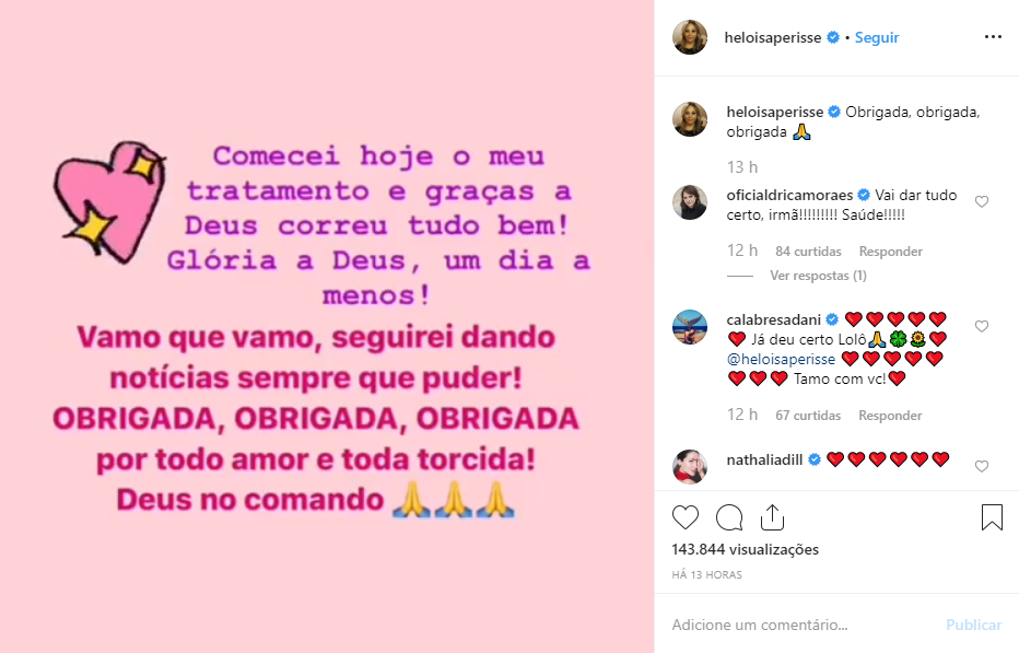 Heloísa Périssé desabafa após iniciar tratamento contra câncer: "Um dia a menos" Heloísa Périssé desabafa após iniciar tratamento contra câncer: "Um dia a menos"