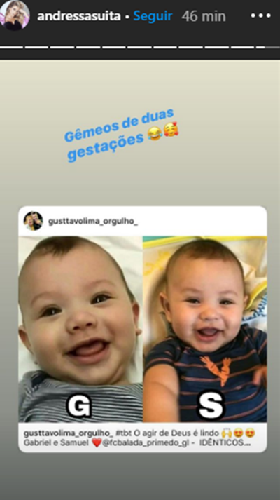 Andressa Suita relembra foto dos filhos com Gusttavo Lima e afirma: "Gêmeos de duas gestações"  