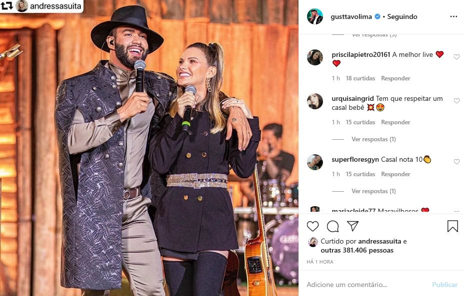 Gusttavo Lima posta registro com Andressa Suita na live e fã comenta: "Tem que respeitar um casal" Gusttavo Lima posta registro com Andressa Suita na live e fã comenta: "Tem que respeitar um casal"