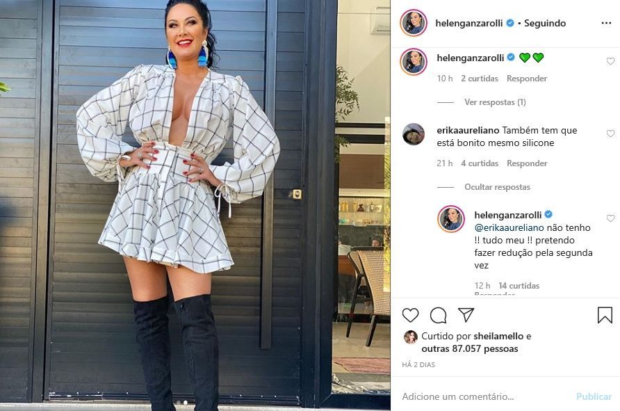 Helen Ganzarolli rebate seguidora que a questionou sobre colocação de silicone: "Não tenho" Helen Ganzarolli rebate seguidora que a questionou sobre colocação de silicone: "Não tenho"