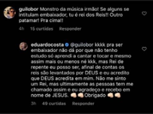 Eduardo Costa se intitula 'Rei' da música brasileira após deixar escritório de Leonardo Eduardo Costa se intitula 'Rei' da música brasileira após deixar escritório de Leonardo