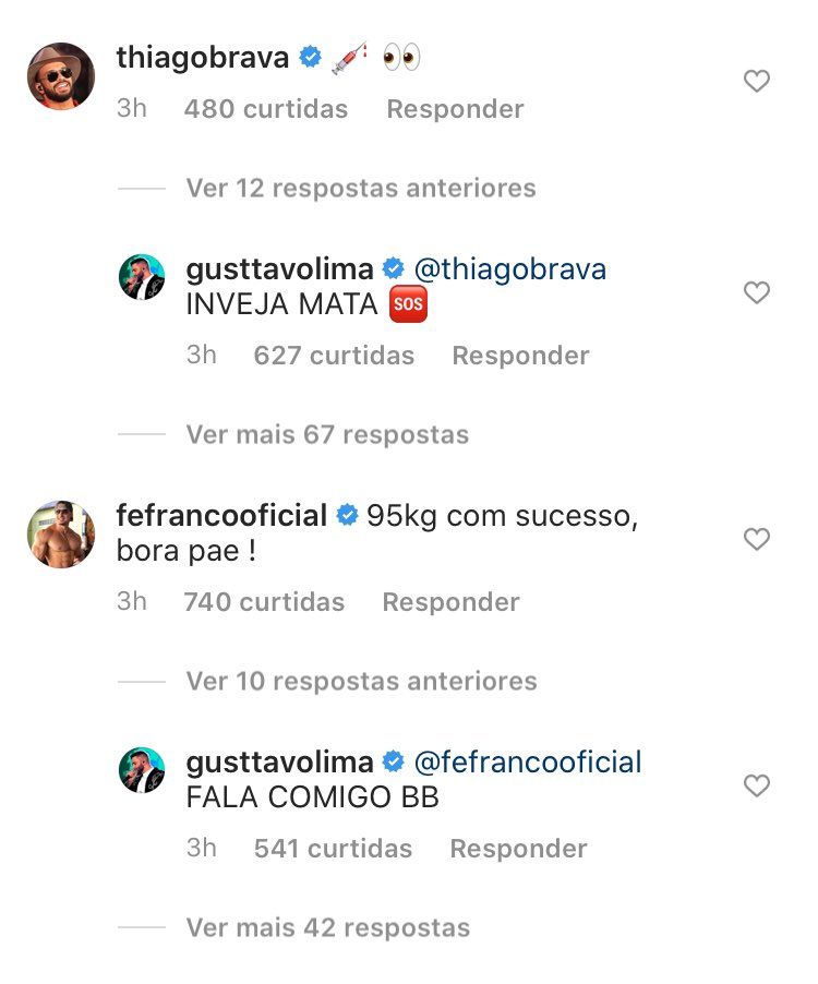 Gusttavo Lima rebate Thiago Brava após sertanejo acusá-lo de usar anabolizantes: "Inveja mata" Gusttavo Lima rebate Thiago Brava após sertanejo acusá-lo de usar anabolizantes: "Inveja mata"