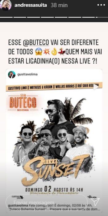 Faltando poucas horas, Andressa Suita fala sobre 'Buteco Sunset' de Gusttavo Lima: "Vai ser diferente" Faltando poucas horas, Andressa Suita fala sobre 'Buteco Sunset' de Gusttavo Lima: "Vai ser diferente"