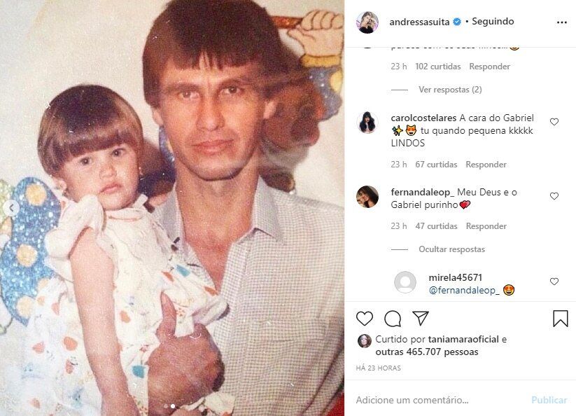 Andressa Suita relembra infância com o pai e fãs fazem constatação: "A cara do Gabriel" Andressa Suita relembra infância com o pai e fãs fazem constatação: "A cara do Gabriel"
