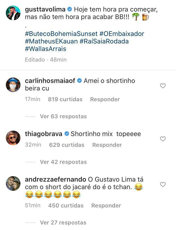 Carlinhos Maia descreve short de Gusttavo Lima no 'Buteco Sunset' do nordeste: "Shortinho beira c..." Carlinhos Maia descreve short de Gusttavo Lima no 'Buteco Sunset' do nordeste: "Shortinho beira c..."
