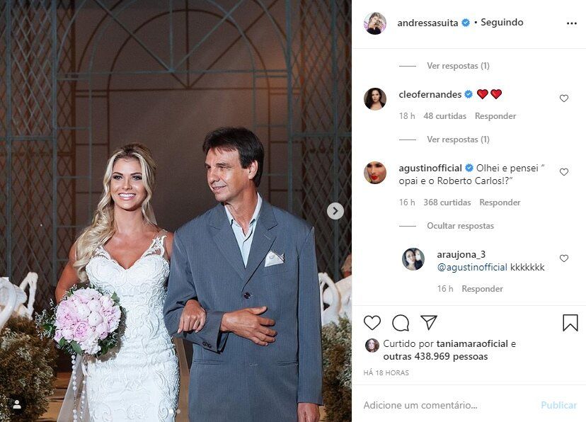 Após foto de casamento, fã de Andressa Suita compara pai da modelo ao Rei Roberto Carlos Após foto de casamento, fã de Andressa Suita compara pai da modelo ao Rei Roberto Carlos