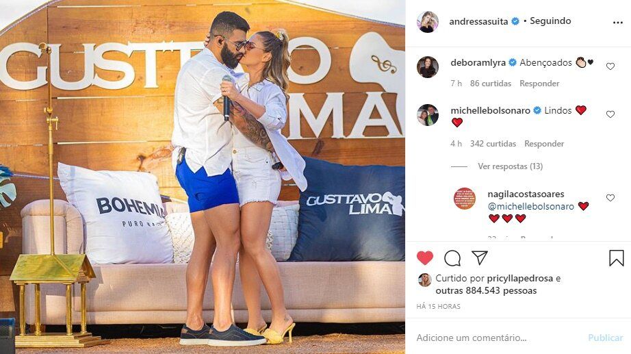 Primeira-dama Michelle Bolsonaro comenta foto de Andressa Suita com Gusttavo Lima: "Lindos" Primeira-dama Michelle Bolsonaro comenta foto de Andressa Suita com Gusttavo Lima: "Lindos"
