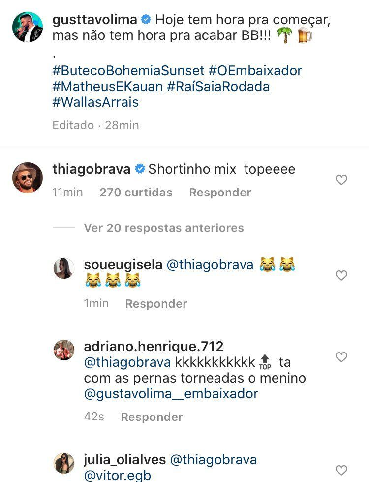 Thiago Brava comenta look de Gusttavo Lima na live show em Pernambuco: "Shortinho mix tope" Thiago Brava comenta look de Gusttavo Lima na live show em Pernambuco: "Shortinho mix tope"