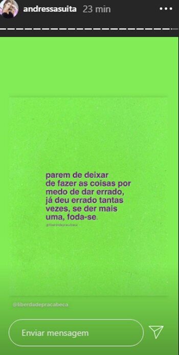 Andressa Suita faz reflexão ousada e aconselha os fãs: "Parem de deixar de fazer as coisas" Andressa Suita faz reflexão ousada e aconselha os fãs: "Parem de deixar de fazer as coisas"