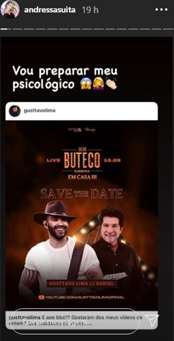 Gusttavo Lima convida os fãs para live com Daniel em casa e esposa brinca: "Preparar o meu psicológico" Gusttavo Lima convida os fãs para live com Daniel em casa e esposa brinca: "Preparar o meu psicológico"