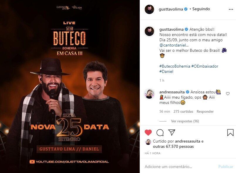 Gusttavo Lima anuncia adiamento da live com Daniel para o dia 25 de setembro Gusttavo Lima anuncia adiamento da live com Daniel para o dia 25 de setembro