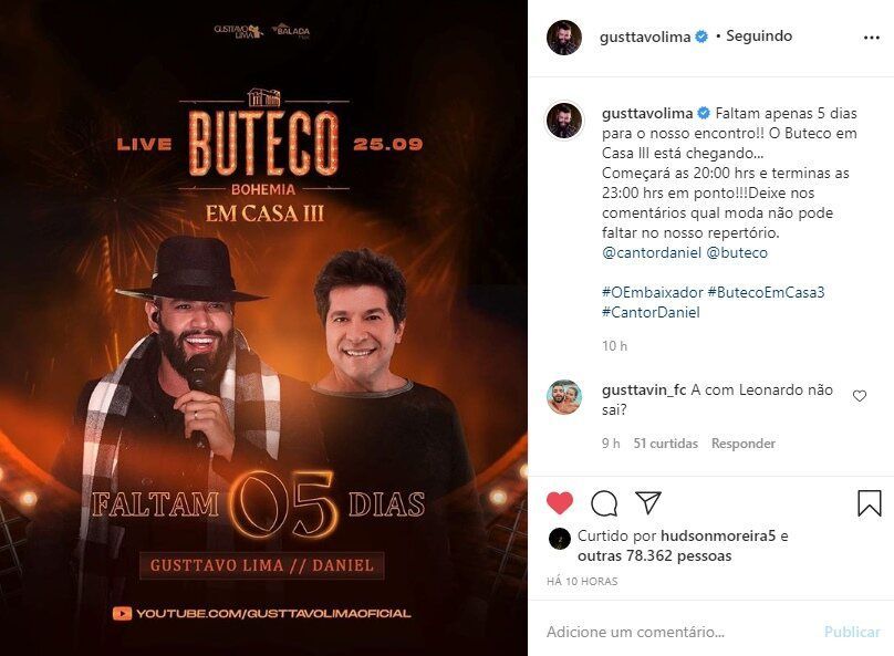 Gusttavo Lima anuncia 3 horas de live com Daniel e pede opinião dos fãs: "Qual moda não pode faltar?" Gusttavo Lima anuncia 3 horas de live com Daniel e pede opinião dos fãs: "Qual moda não pode faltar?"