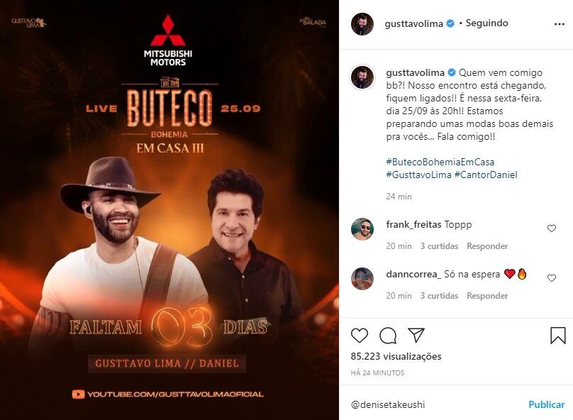 Gusttavo Lima reforça convite para live com Daniel e avisa: "Preparando umas modas boas demais" Gusttavo Lima reforça convite para live com Daniel e avisa: "Preparando umas modas boas demais"