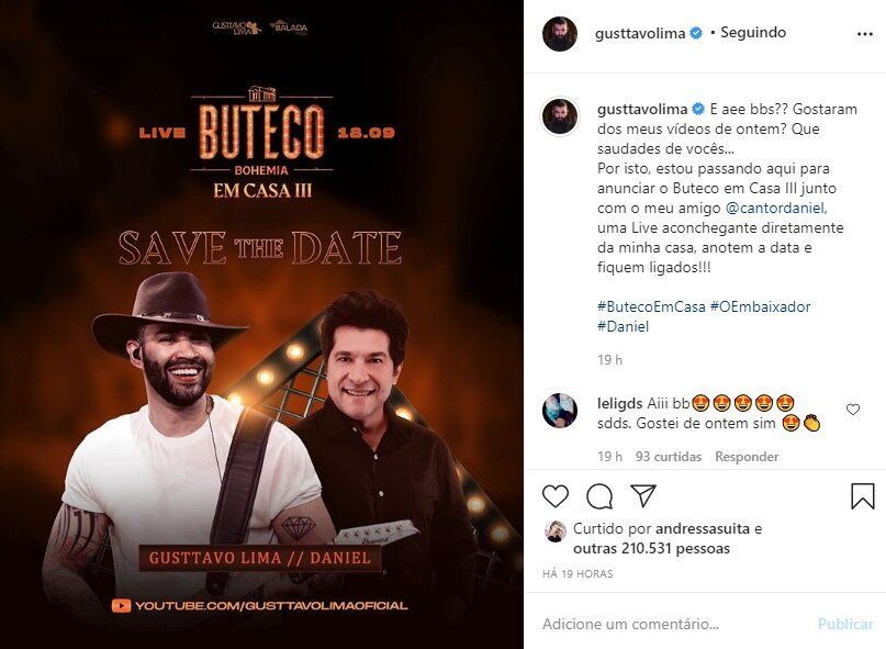 Gusttavo Lima convida os fãs para live com Daniel em casa e esposa brinca: "Preparar o meu psicológico" Gusttavo Lima convida os fãs para live com Daniel em casa e esposa brinca: "Preparar o meu psicológico"