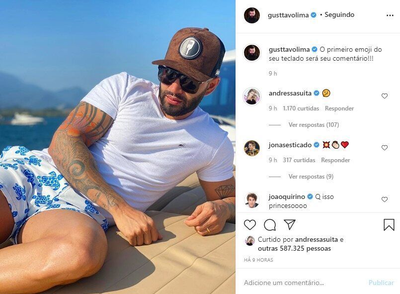 Humorista brinca com foto de Gusttavo Lima usando shortinho em Angra dos Reis: "Princeso" Humorista brinca com foto de Gusttavo Lima usando shortinho em Angra dos Reis: "Princeso"