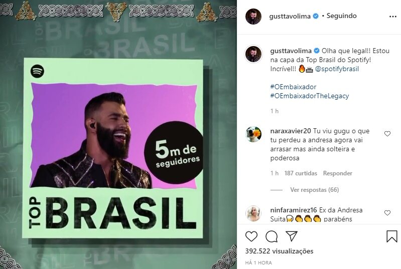 Gusttavo Lima celebra conquista e seguidores alfinetam: "Ex da Andressa Suita" Gusttavo Lima celebra conquista e seguidores alfinetam: "Ex da Andressa Suita"