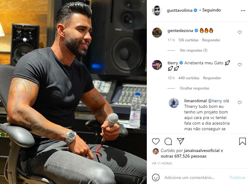 Gusttavo Lima surge gravando nos estúdios e ganha elogio de Tierry: "Gato" 