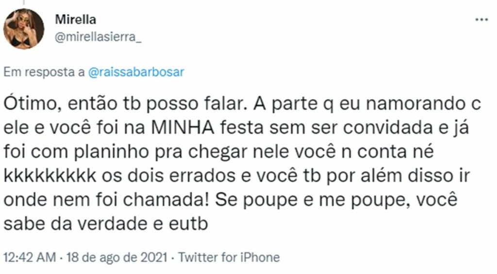 Raissa Barbosa desabafa contra Mirella após ser acusada de roubar namorado da funkeira: "Sua doida"  