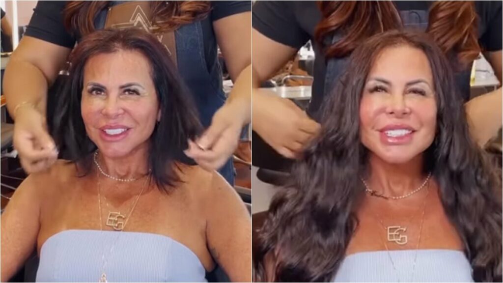 Gretchen muda visual com mega hair e aposta em fios castanhos ondulados Gretchen muda visual com mega hair e aposta em fios castanhos ondulados