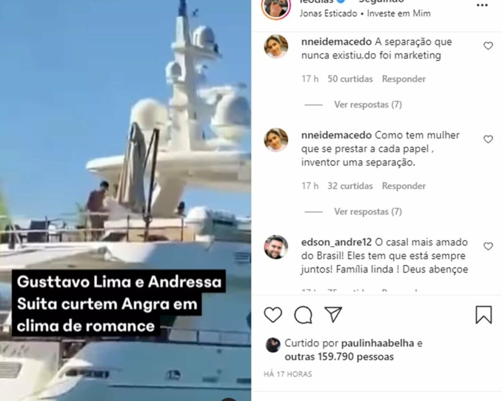Gusttavo Lima e Andressa Suita são acusados de fazer marketing com separação após vídeo em Angra 