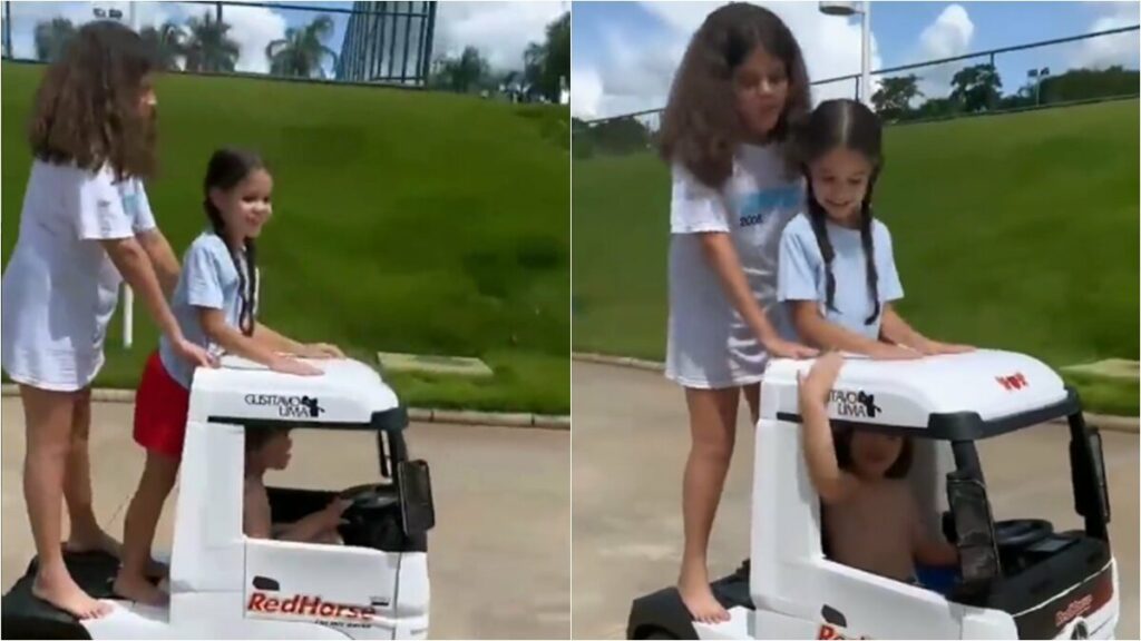 Na fazenda da família, Andressa Suita faz vídeo do filho dirigindo 'caminhão' com as primas 