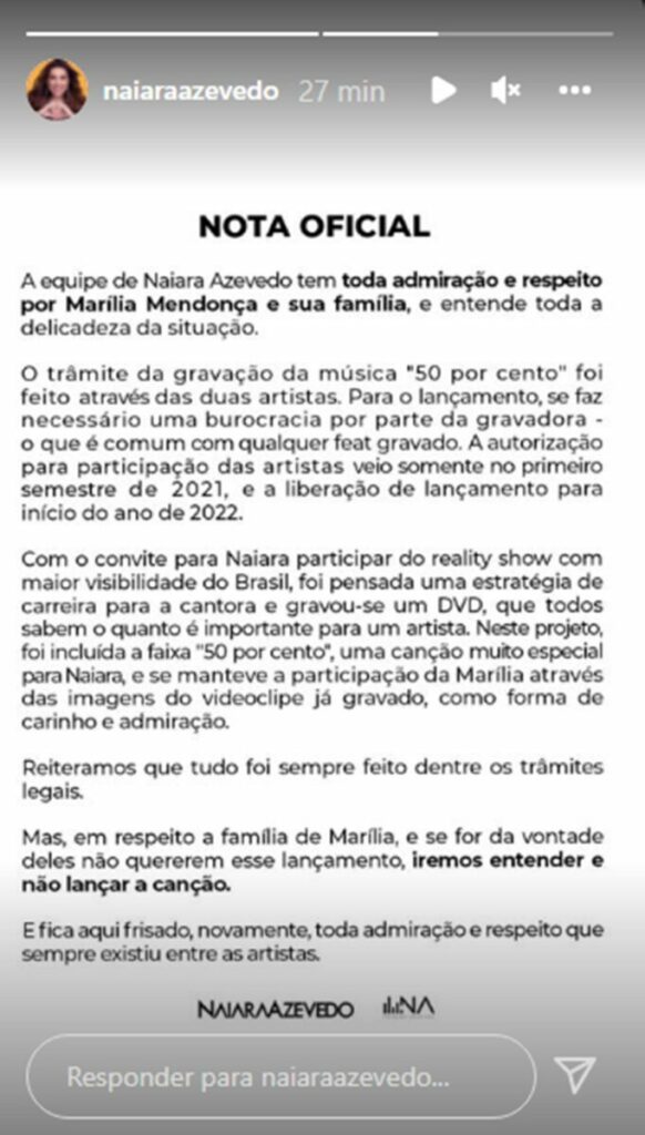 Equipe de Naiara Azevedo deixa família de Marília Mendonça decidir sobre lançamento de música  
