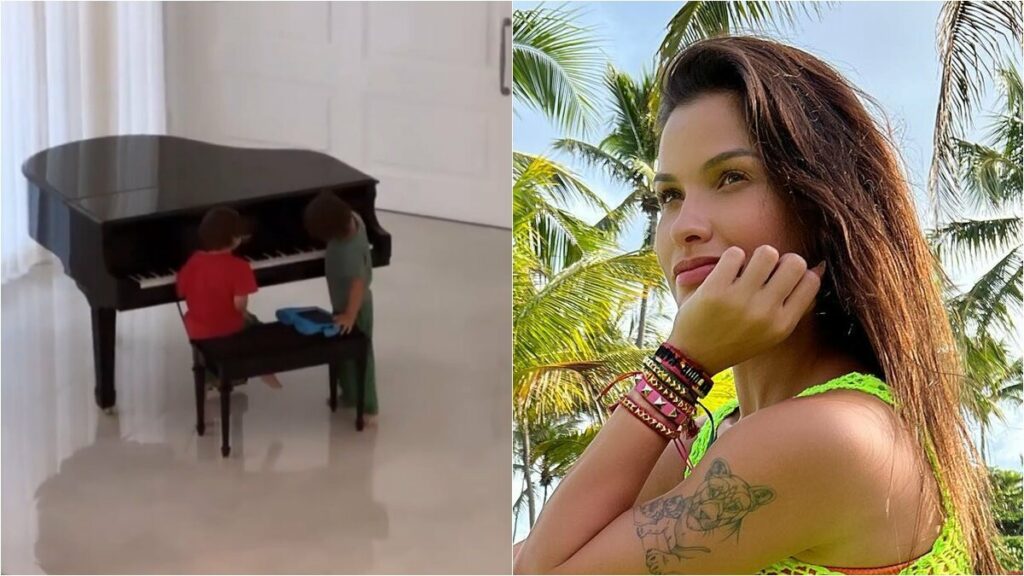 Andressa Suita faz vídeos dos filhos tocando piano na mansão da família: "Despertadores em ação"  