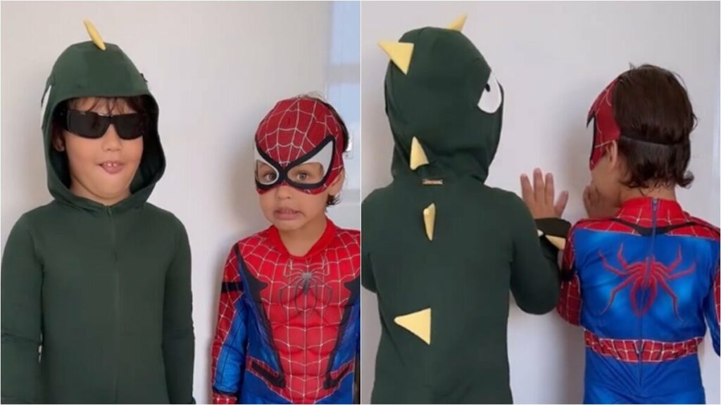 Em dia de Carnaval, filhos de Gusttavo Lima e Andressa Suita vão à escola fantasiados de Homem-Aranha e Dinossauro  