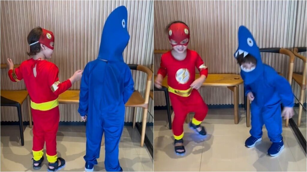 Andressa Suita publica vídeo dos filhos fantasiados de Tubarão e The Flash para ir à escola  