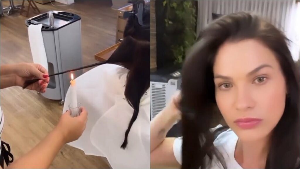 Mulher de Gusttavo Lima, Andressa Suita faz velaterapia no cabelo em spa em Goiânia  