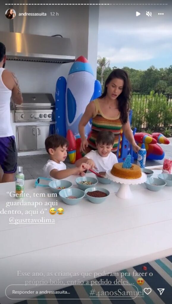 Filhos de Gusttavo Lima e Andressa Suita fazem o próprio bolo de aniversário do caçula  