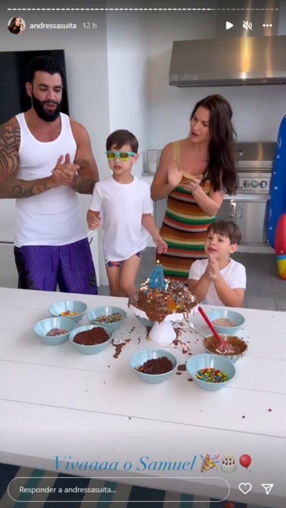 Filhos de Gusttavo Lima e Andressa Suita fazem o próprio bolo de aniversário do caçula  