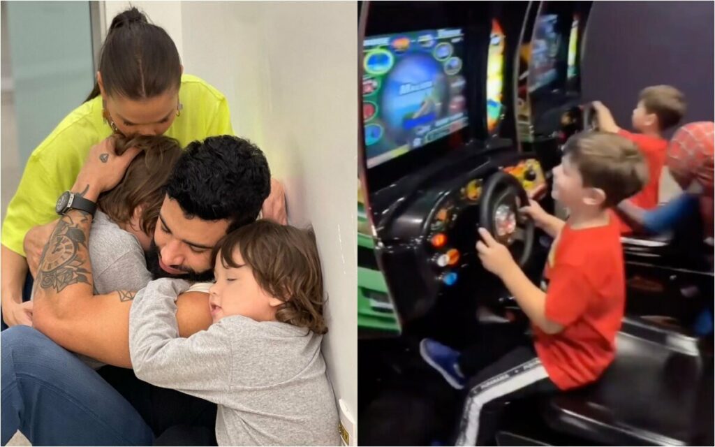 Filhos de Gusttavo Lima e Andressa Suita se divertem em simulador de corrida nos EUA  